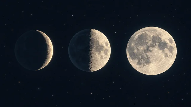 달의 밝은 면과 여러 위상을 표현한 편집 삽화