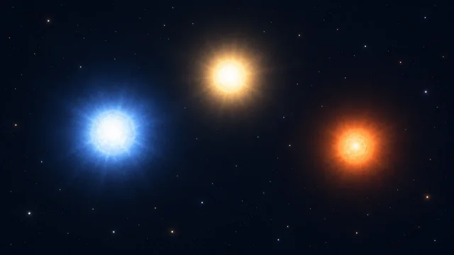 어두운 우주에 서로 떨어져 빛나는 청백색·노란색·주황색 별 세 개를 비교한 편집 삽화
